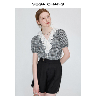VEGA CHANG格纹衬衫女2024年夏季设计感蕾丝花边领短袖上衣