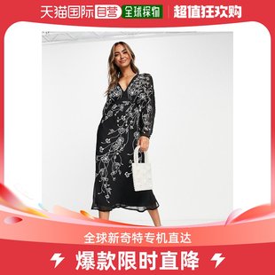 香港直邮潮奢asos女士，设计花朵刺绣蝙蝠袖中长，连衣裙(黑色)