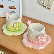 可爱创意樱花咖啡杯，高颜值陶瓷马克杯情侣家用水杯，带勺杯子女