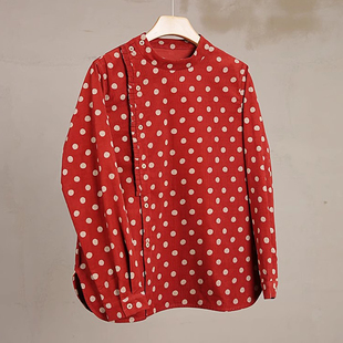 布兜设计师款红色波点日本进口全棉灯芯绒圆领侧开襟不对称衬衫