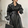 2022韩国东大门冬季收腰系带复古黑色大衣中长款西装领皮衣外套潮