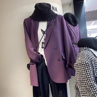 2023春秋季韩版时尚百搭休闲高级感紫色西装，外套双排扣小西服