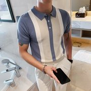 夏装条纹短袖polo衫男韩版潮流，休闲半袖t恤黑色蓝色青春流行