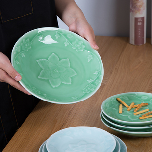 龙泉青瓷菜盘子家用餐盘陶瓷678英寸缠枝牡丹深盘9汤盘骨碟