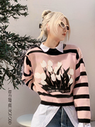 juno品牌设计师原创复古橘，粉色条纹花朵图案，毛衣外套ins秋冬