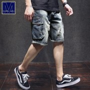 男士牛仔短裤男潮中裤宽松直筒，工装青年五分，大码破洞夏季潮牌ins