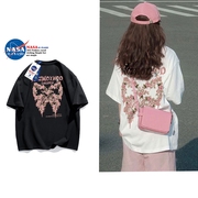 NASA联名蝴蝶结印花短袖t恤女夏季2024纯棉宽松减龄圆领上衣