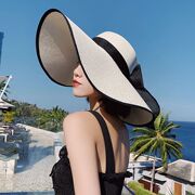 法式草帽沙滩帽子女夏遮阳帽，防晒可折叠防紫外线海边太阳帽草编帽