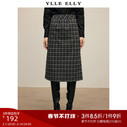 YLLE ELLY黑白格纹半身裙2023秋冬设计感经典复古文艺包臀裙
