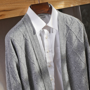 纯羊毛开衫男士秋冬系带菱形宽松羊绒衫，日系休闲针织毛衣外套