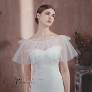 韩式新娘白色珍珠荷叶边薄纱，透明披肩遮手臂，显瘦婚纱礼服装饰品夏
