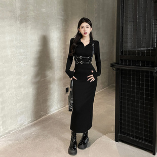 spicy辣妹设计感黑色，开叉连衣裙束腰高领，拉链甜酷修身长袖中长裙