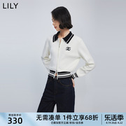 lily2024春女装时尚通勤复古条纹双开拉链，收腰polo针织开衫女