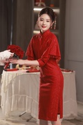 红色旗袍2023新中式斗篷敬酒服新娘披肩结婚订婚礼服长袖秋季