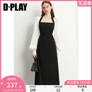 dplay春季女中式黑白连衣裙法式方领连衣裙鎏光纱长袖长裙礼服