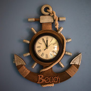 地中海风格复古做旧船锚挂钟，家用装饰品挂件木质，船舵创意静音钟表