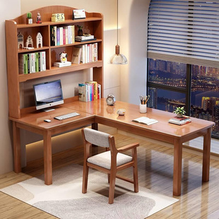 实木转角电脑桌台式家用学生写字桌带书柜桌子简约书桌书架一体桌