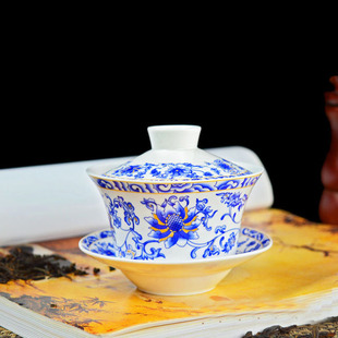 耐高温青花瓷4寸骨瓷茶碗三才盖碗结婚敬礼陶瓷茶杯180ml茶具