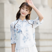 中国风女装春夏季民族风文艺复古改良印花雪纺衬衫中式唐装上衣