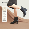natursun高跟短靴女2023冬季商场，女鞋黑色靴子尖头真皮法式小裸靴