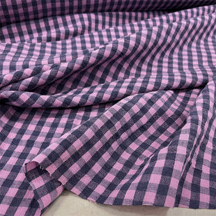 日本进口粉色深灰色，泡泡格子亚麻旗袍，连衣裙透气棉麻衬衫手工布料