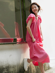 天丝苎麻显白玫粉色茧型无束缚感宽松短袖连衣裙夏纯色裙子
