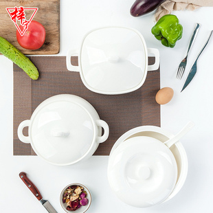 纯白骨瓷家用汤碗汤盆陶瓷，餐具炖盅炖罐汤煲双耳，汤锅大号带盖品锅