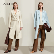 Amii极简全羊毛毛呢外套女2024冬季长款大衣可拆卸腰带双面呢