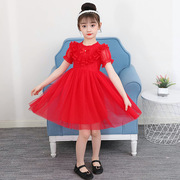 女童连衣裙夏装红色蕾丝裙，六一儿童节泡泡短袖白纱公主裙演出礼服
