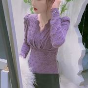 2024秋冬洋气小衫紫色内搭蕾丝衫女V领高级感打底衫内穿上衣