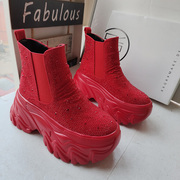 红色新年靴马丁靴女冬季满钻短靴真皮厚底增高坡跟圆头靴子潮