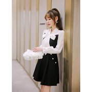 秋季小个子连衣裙2023女长袖，黑白拼接高级感气质显瘦小众裙子