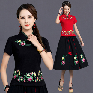 中国风春夏女装民族风，女装上衣复古立领打底衫短袖t恤棉修身