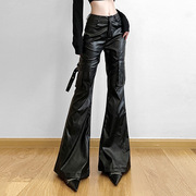 美式复古微喇PU皮裤女性感辣妹y2k裤子修身显瘦暗黑金属喇叭长裤