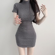 韩国东大门性感显身材女人味半高领短袖连衣裙女夏包臀短裙子
