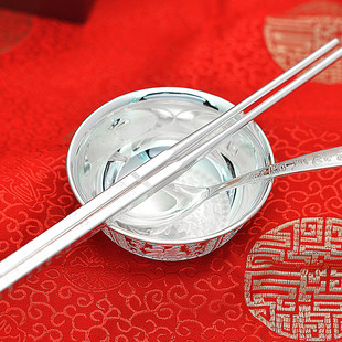 百寻999纯银碗浮雕富贵有余银碗银筷子银勺子宝宝银餐具套装摆件