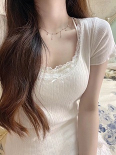 brandygirl纯欲蕾丝花边zellytop少女芭蕾风纯棉bm短袖t恤上衣