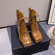 方头系带漆皮高跟短靴系带粗跟女靴子2023年秋冬韩版防水台