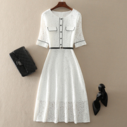2024夏季高端气质女装修身显瘦A字裙大牌白色蕾丝短袖连衣裙
