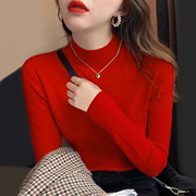 秋冬2024修身内搭半高领，打底衫女薄款洋气红色毛衣羊绒针织衫