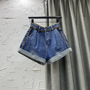 蓝色高腰牛仔短裤女春夏装，2023年宽松a型，显瘦卷边阔腿裤热裤