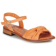 Betty London女鞋低跟一字式扣带真皮露趾凉鞋罗马风橙色夏季