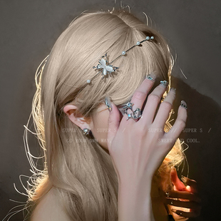 原创蓝色蝴蝶巴洛克珍珠金属细发箍仙女高级感头箍仙气头饰发饰品