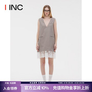 odtd设计师品牌iinc24ss灰色条纹拼蕾丝，v领连衣裙女