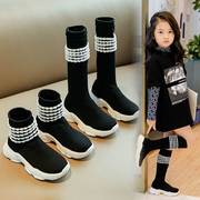 女童鞋针织靴子2022春秋季时尚单靴儿童，长筒靴袜子靴弹力短靴