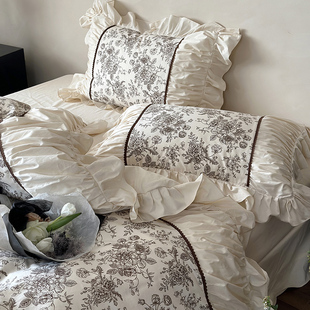 法式复古精梳全棉斜纹印花四件套纯棉公主风褶皱花边被套床上用品