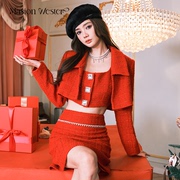 masionwester23秋冬红色，小香风方领短外套，马甲包臀半裙三件套