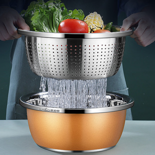食品级304不锈钢盆套装，洗菜盆沥水篮厨房，打蛋和面家用加厚漏汤盆