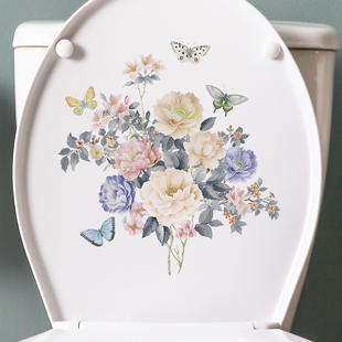 可移除墙贴纸马桶贴画植物花朵蝴蝶厕所瓷砖装饰防水布置寝室自粘