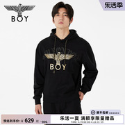 boylondon秋冬男女同款，烫金翅膀宽松黑色，潮牌连帽套头卫衣n04011